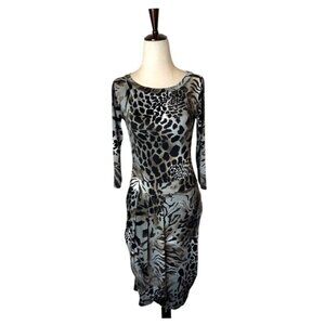 Giorgio Armani Dress Women XS Silver Black Jersey Knit Leopard Animal Print Mini